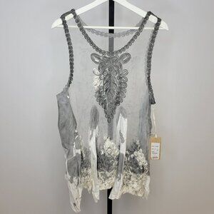 Embroidered Sheer Tank Top - Gray & White
